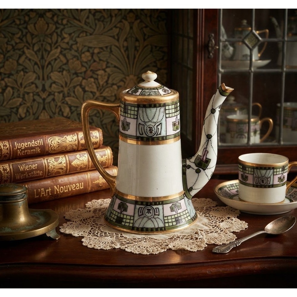 Antique RC Nippon Noritake Coffee Pot Art Nouveau Gold Geometric Porcelain 1911